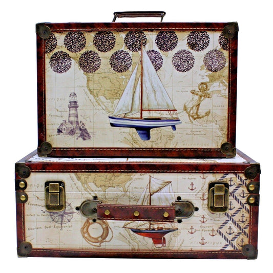 Vintage Style Sailing Boat Design Wooden Suitcases