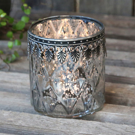 French Tea Light Holder Vintage Glass with Antique Silver Metal Decor