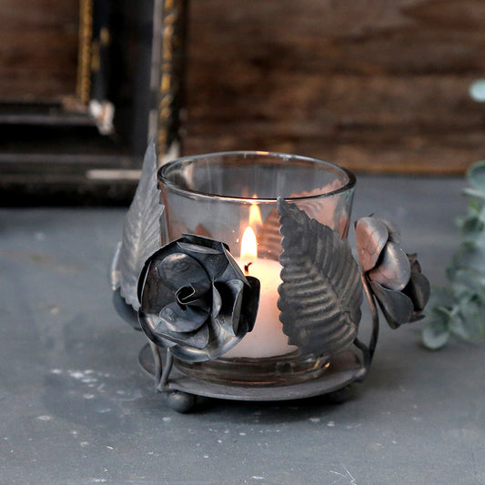 Vintage Tea Light Holder Glass Candle Holder with Metal Flower Decor